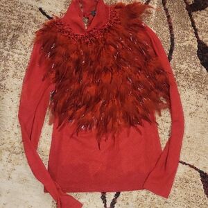 Gracia Red Feather-Trim Pullover
